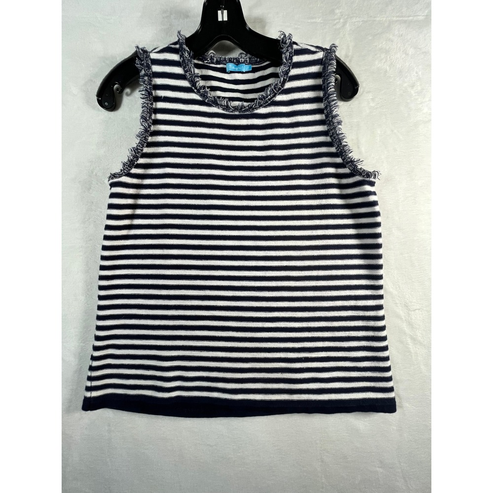 J.McLaughlin Womens Medium Navy White Striped Fringed Cotton Linen Knit Tank Top